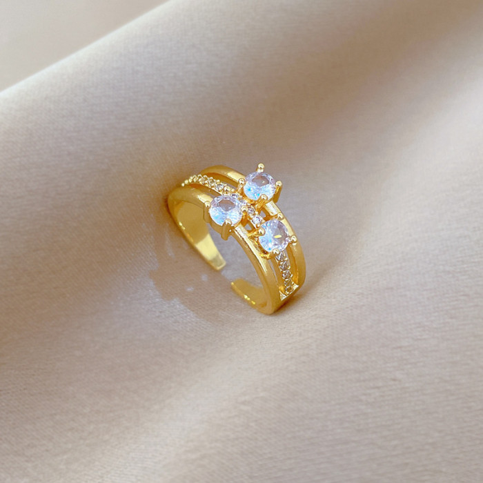[Gold-Plated]Luxury Fully Stone-Set Three-Layer Ring Adjustable Open Simple Hand Jewelry Japanese Style Couple Rings