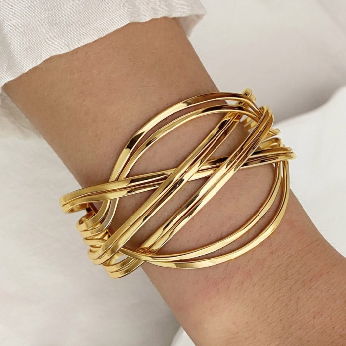 Punk Exaggeration Bangle Trendy Boho Gold Plated Geometry Feather Big Circle Open Cuff Bangles Bracelet Set for Women Jewelry