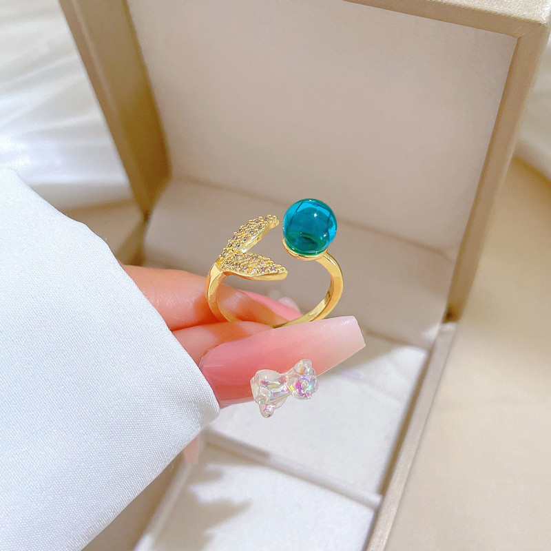 [Real Gold] Korean Version Super Shiny Green Gemstone Crystal Fish Tail Ring Adjustable Open Simple Japanese Style Ring