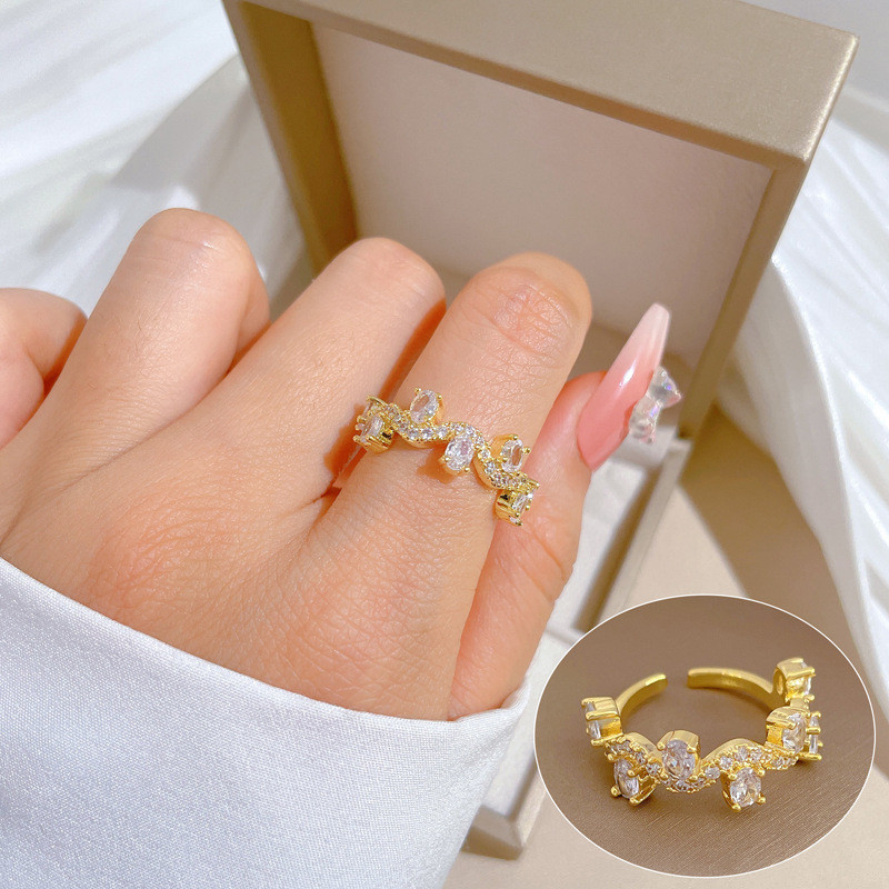 【Real Gold】Branch Zircon Fashion Ring Adjustable Open Simple Hand Jewelry Japanese Style Couple Rings