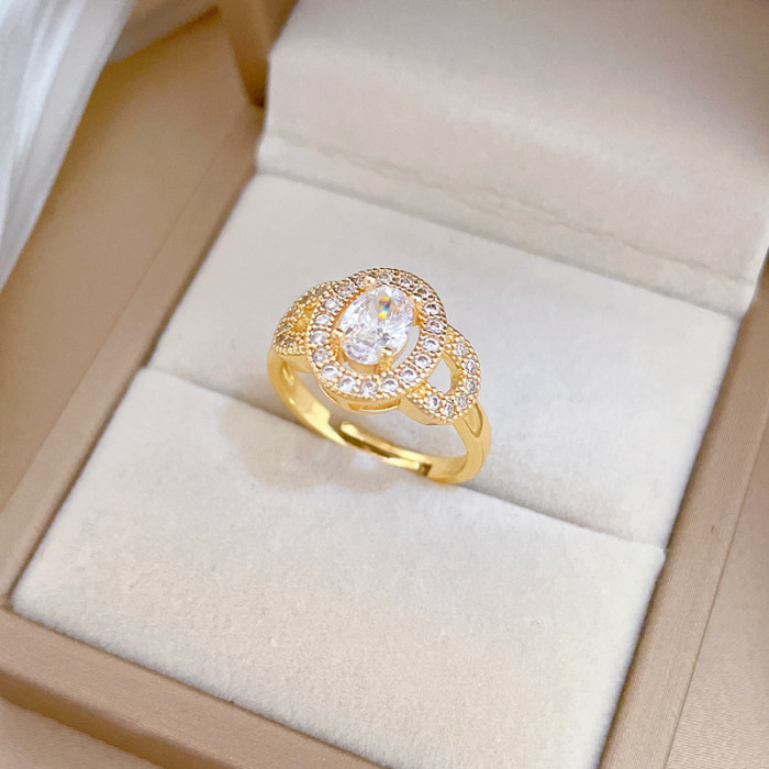 [Gold-Plated]Light Luxury Egg-Shaped Fully Stone-Set Ring Adjustable Open Simple Hand Jewelry Japanese Style Couple Rings