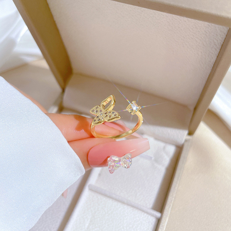 [Real Gold] Butterfly Full Diamond Ring Adjustable Open Simple Hand Jewelry Japanese Style Couple Rings