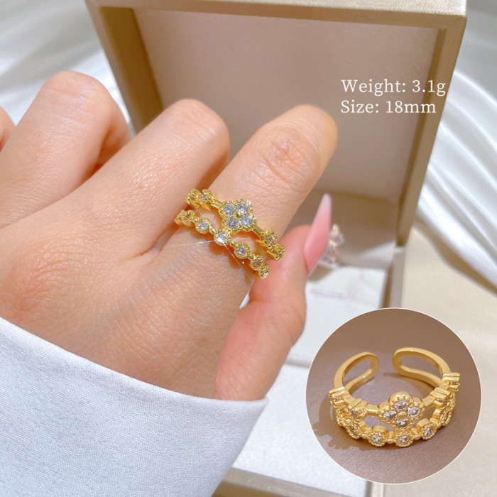 【Real Gold】Lucky Clover Full Diamond Ring Adjustable Open Simple Hand Jewelry Japanese Style Couple Rings
