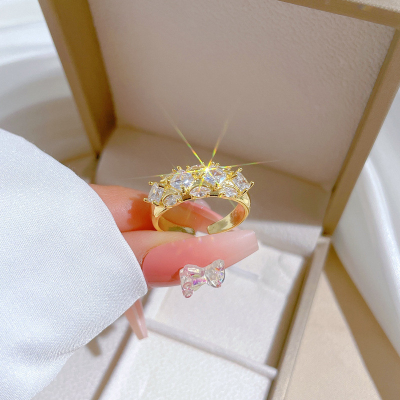 【Real Gold】Square Full Zircon Wedding Ring Adjustable Open Ring Simple Japanese Style Couple Rings