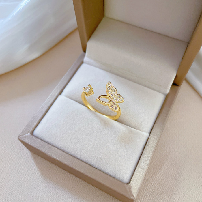 [Real Gold] Butterfly Full Diamond Ring Adjustable Open Simple Hand Jewelry Japanese Style Couple Rings