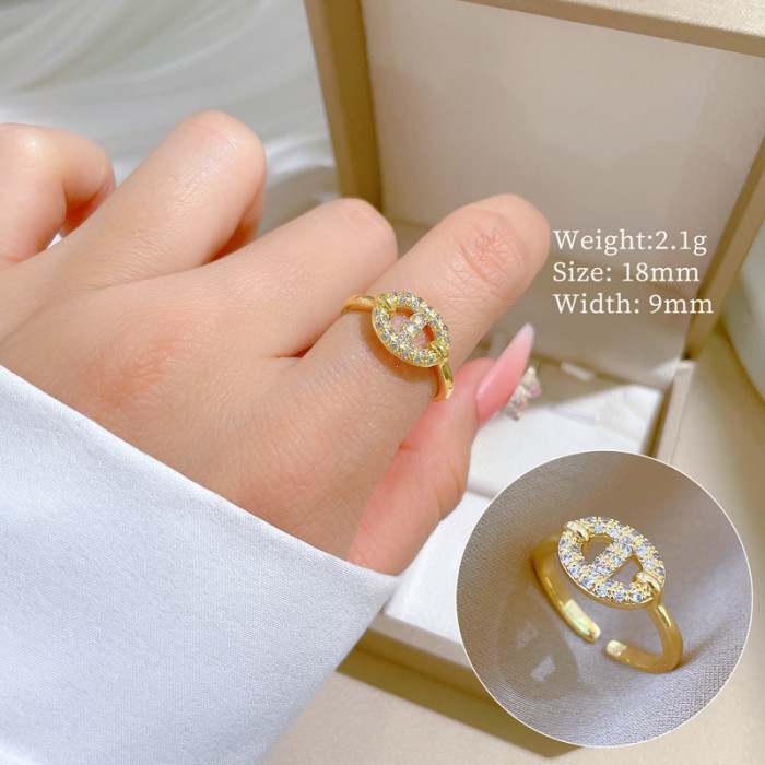 [Real Gold] Pig Nose Full Diamond Ring Adjustable Open Simple Hand Jewelry Japanese Style Couple Rings