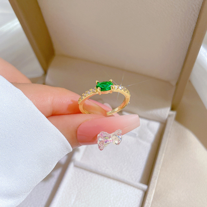 [Real Gold] Green Zircon Ring Adjustable Open Simple Hand Jewelry Japanese Style Couple Rings