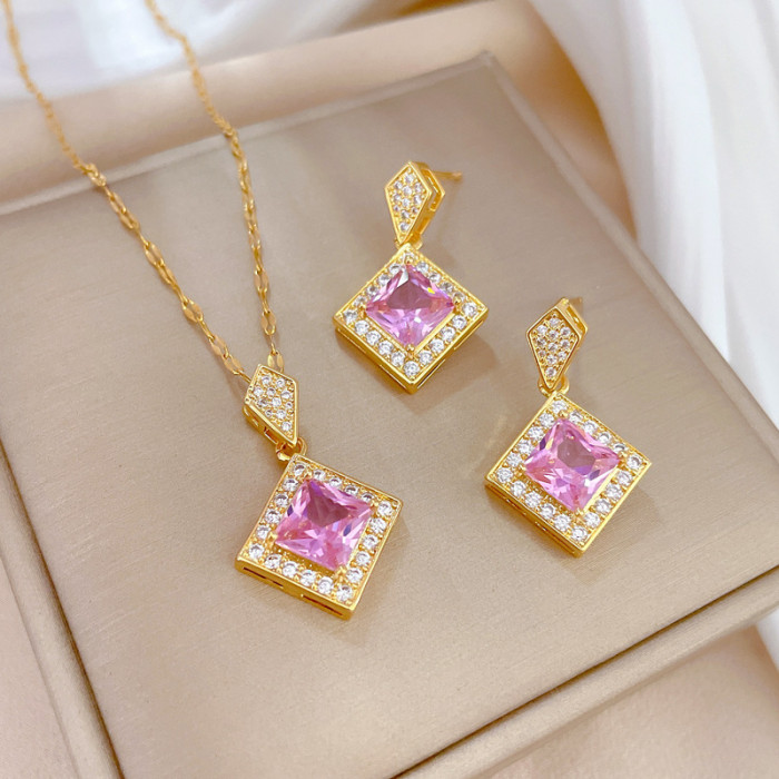 【Set】High-Quality Elegant Light Luxury Full Zircon Heavy Craft Real Gold Plated Copper Micro-Inlaid Earrings Necklace...