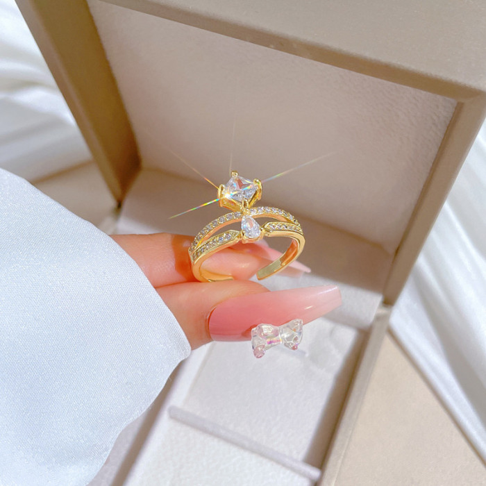 [Real Gold] Crown Water Drop Wedding Ring Adjustable Open Ring Simple Hand Jewelry Japanese Style Couple Rings