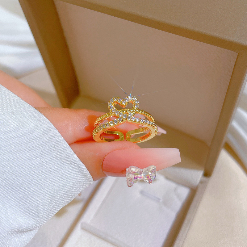 【Real Gold Plating】Open Heart Women's Fashion Micro Inlay Light Luxury Ring Index Finger Ring Internet Celebrity Same Style Minimalist Style