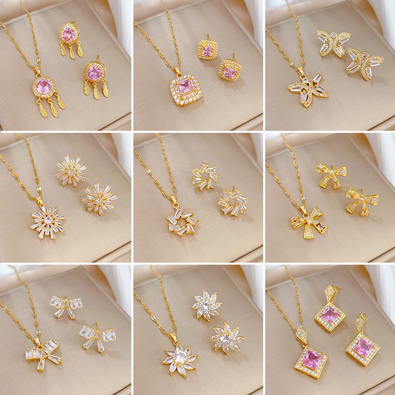 【Set】High-Quality Elegant Light Luxury Full Zircon Heavy Craft Real Gold Plated Copper Micro-Inlaid Earrings Necklace Set Combination