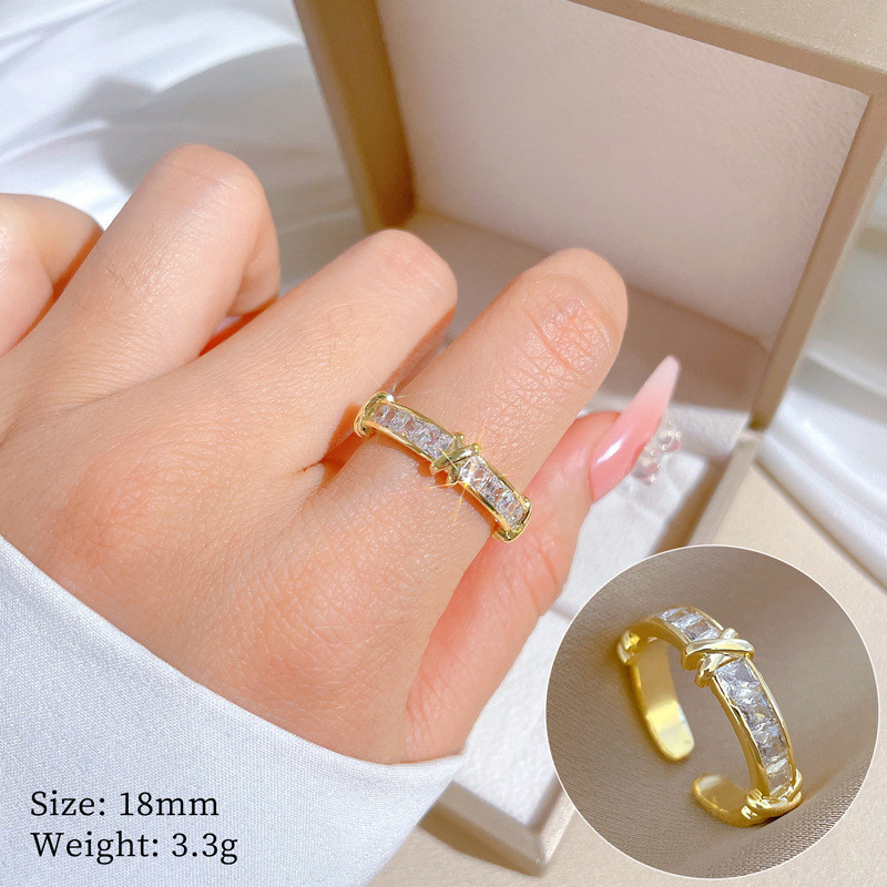 【Real Gold】Cross Full Zircon Wedding Ring Adjustable Open Ring Simple Hand Jewelry Japanese Style Couple Rings