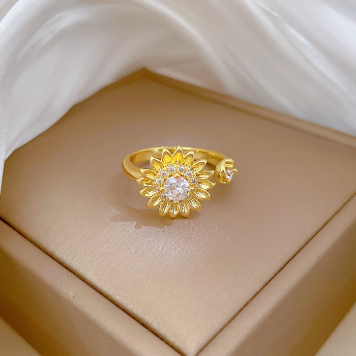 【Real Gold】Light Luxury Flower Full Diamond Ring Adjustable Open Simple Hand Jewelry Japanese Style Couple Rings