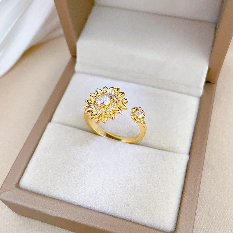 【Real Gold】Light Luxury Flower Full Diamond Ring Adjustable Open Simple Hand Jewelry Japanese Style Couple Rings