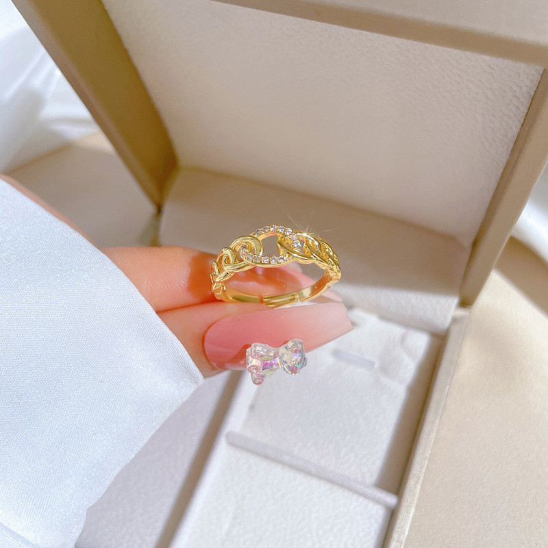【Real Gold】Light Luxury Chain Full Diamond Ring Adjustable Open Simple Hand Jewelry Japanese Style Couple Rings