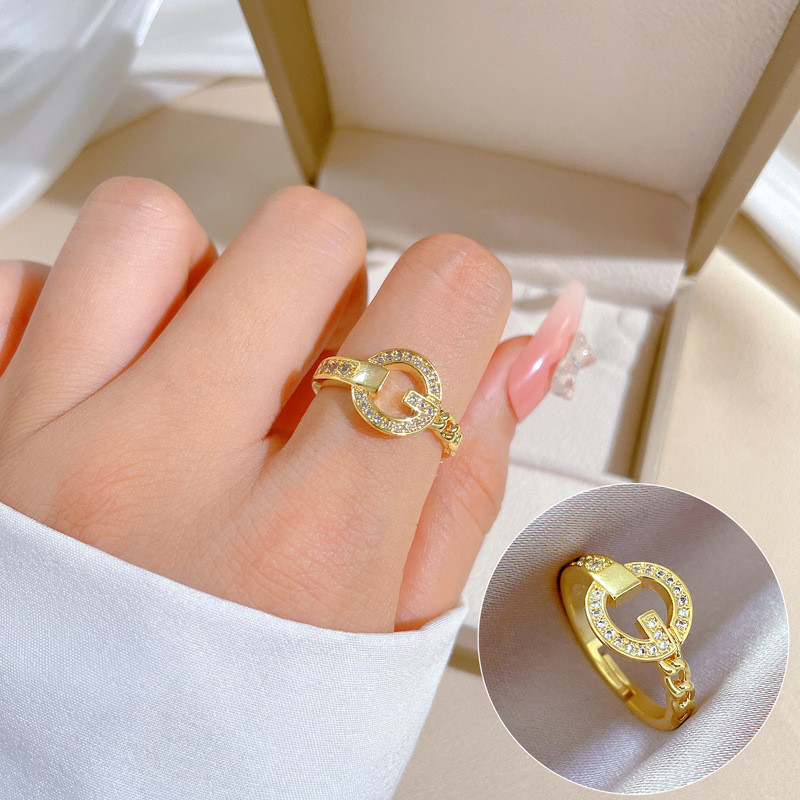 [Real Gold] Chain G-shaped Full Diamond Ring Adjustable Open Simple Hand Jewelry Japanese Style Couple Rings