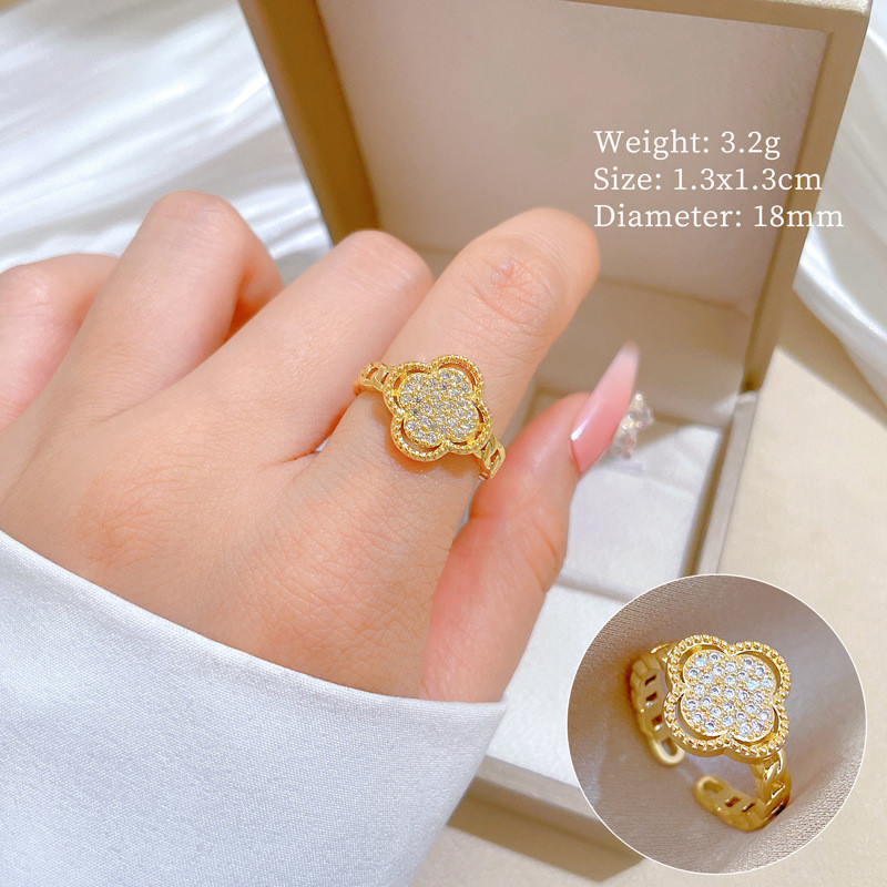 【Real Gold】Light Luxury Lucky Clover Ring Adjustable Open Style Simple Hand Jewelry Japanese Style Couple Rings