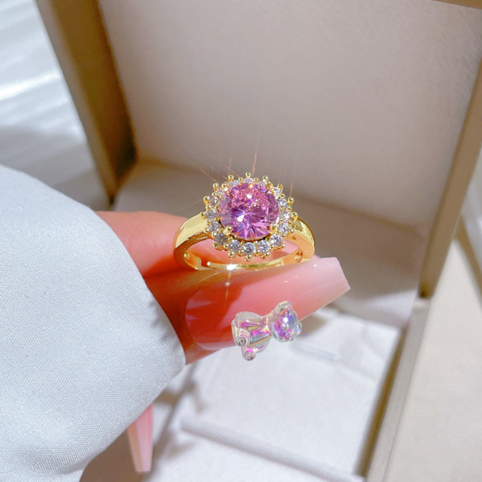 [Real Gold] Pink Round Full Diamond Ring Adjustable Open Simple Hand Jewelry Japanese Style Couple Rings