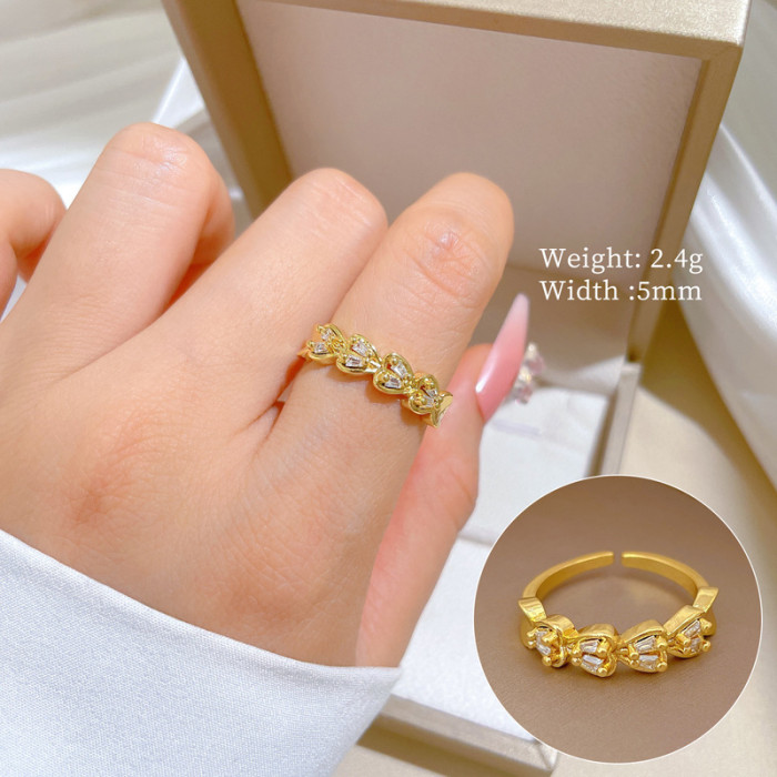 【Real Gold】Heart Double Row Full Diamond Ring Adjustable Open Simple Hand Jewelry Japanese Style Couple Rings