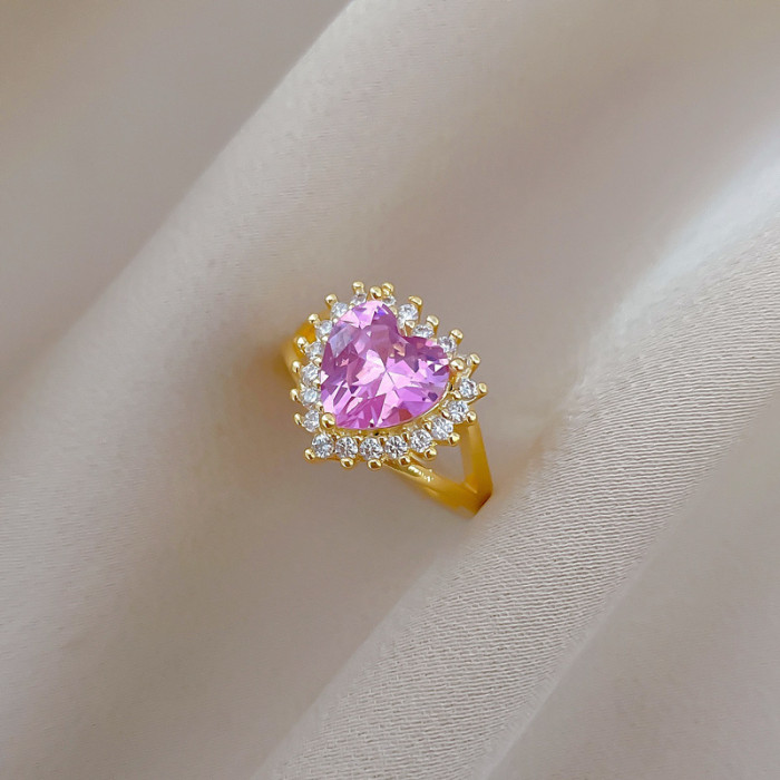【Real Gold】Heart Pink Wedding Ring Adjustable Open Ring Simple Hand Jewelry Japanese Style Couple Rings