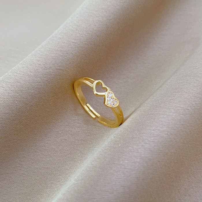 【Real Gold】Heart-Shaped Hollow Small Ring Adjustable Open Simple Hand Jewelry Japanese Style Couple Rings