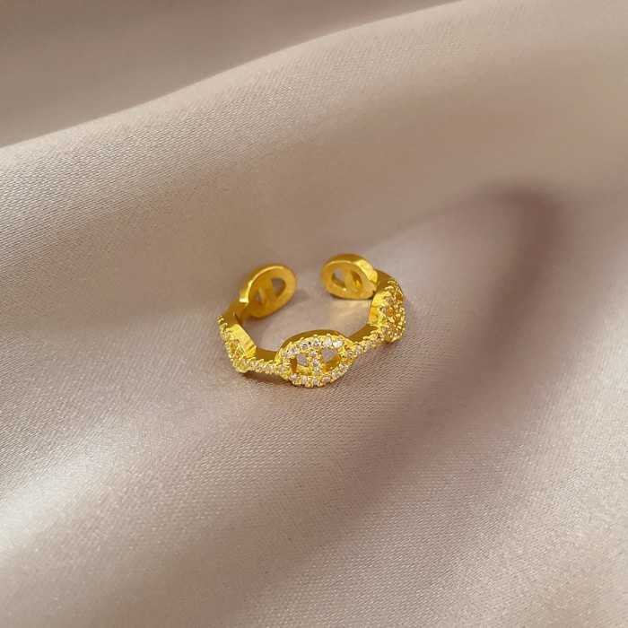[Real Gold] Inlaid Diamond Pig Nose Open Ring for Women, Korean and Japanese Niche Simple Design Index Finger Ring, Internet Celebrity Ring