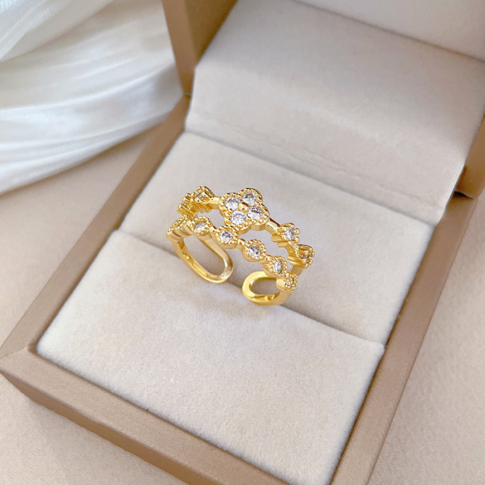 【Real Gold】Lucky Clover Full Diamond Ring Adjustable Open Simple Hand Jewelry Japanese Style Couple Rings