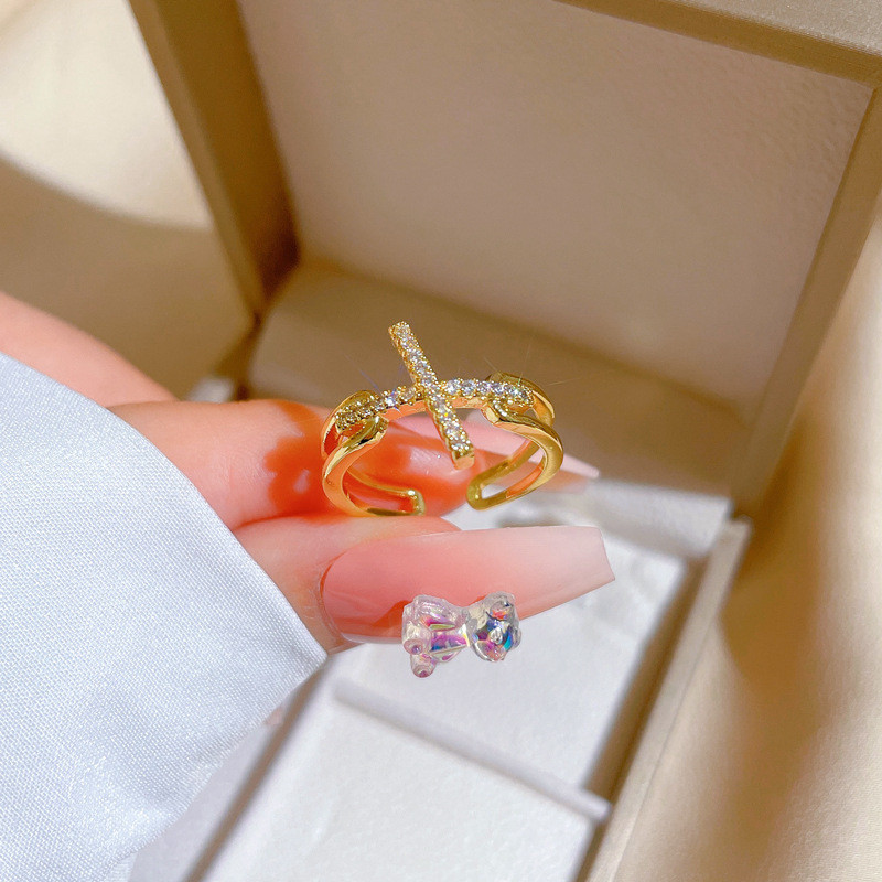 【Real Gold Plating】Open Cross Women's Fashion Micro Inlay Light Luxury Ring Index Finger Ring Internet Celebrity Same Style Minimalist Style