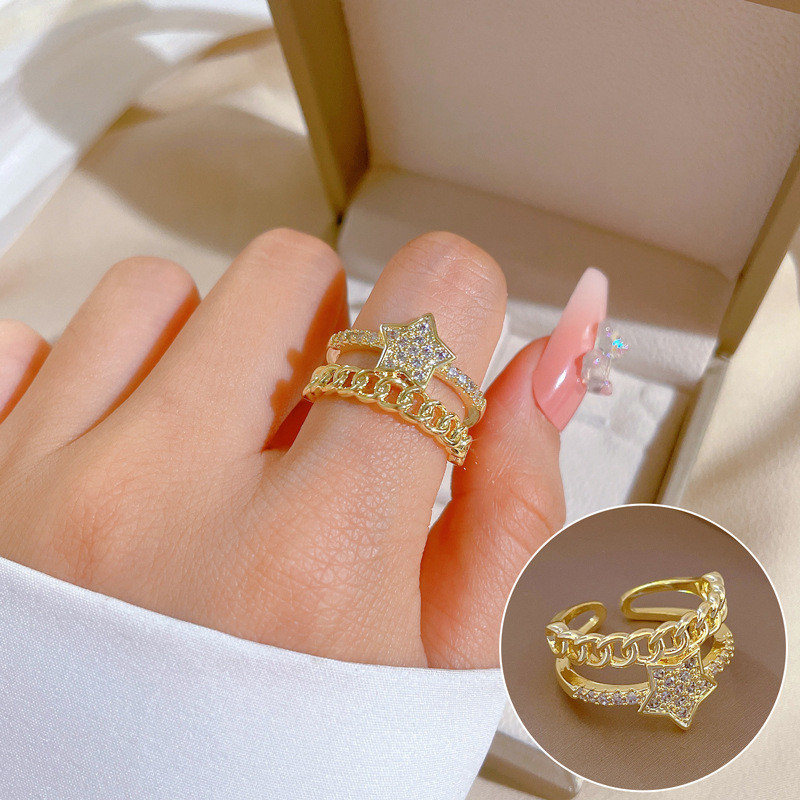 【Real Gold Plating】Open Five-Pointed Star Women's Fashion Micro Inlay Light Luxury Ring Index Finger Ring Internet Celebrity Same Style Minimalist Style