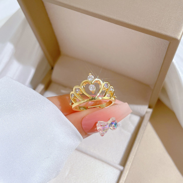 【Real Gold】Crown Hollow Fashion Ring Adjustable Open Simple Hand Jewelry Japanese Style Couple Rings