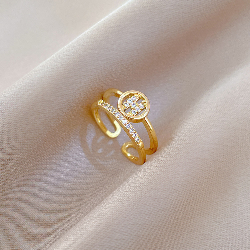 【Real Gold】Light Luxury Fashion Zircon Ring Adjustable Open Simple Hand Jewelry Japanese Style Couple Rings
