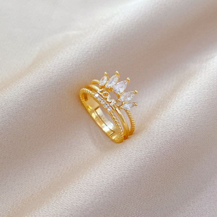 [Real Gold] Love Crown Full Diamond Ring Adjustable Open Simple Hand Jewelry Japanese Style Couple Rings