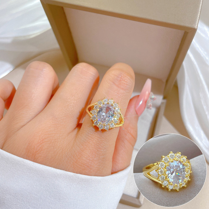 [Real Gold Plating] European and American Design Ins Style Geometric Diamond-Embedded Ball Ring Women's Cold Style Open Ring