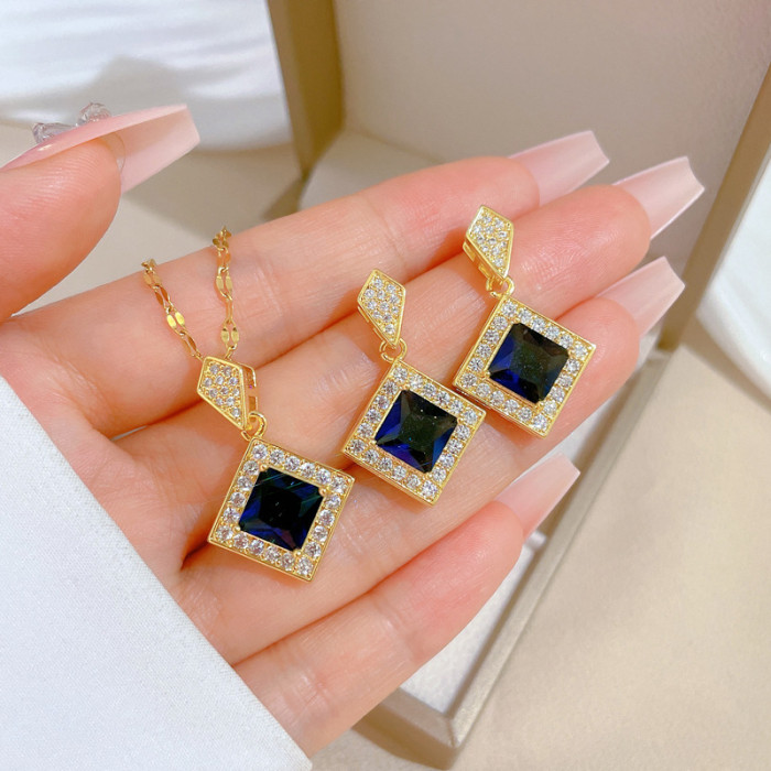 【Set】High-Quality Elegant Light Luxury Full Zircon Heavy Craft Real Gold Plated Copper Micro-Inlaid Earrings Necklace...