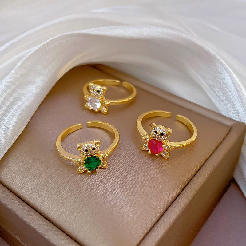 [Real Gold] Inlaid Diamond Bear Open Ring for Women, Korean and Japanese Niche Simple Design Index Finger Ring, Internet Celebrity Ring