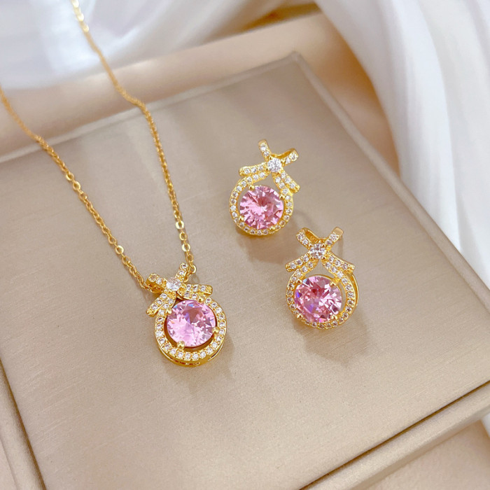 【Set】High-Quality Elegant Light Luxury Full Zircon Heavy Craft Real Gold Plated Copper Micro-Inlaid Earrings Necklace...