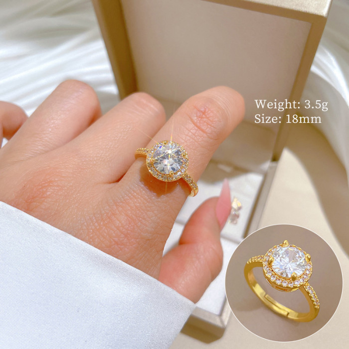 [Real Gold Plating] European and American Design Ins Style Geometric Diamond-Embedded Ball Ring Women's Cold Style Open Ring