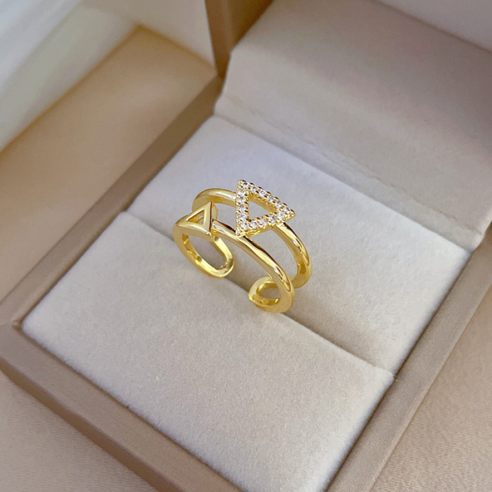 【Real Gold Plating】Open Triangle Women's Fashion Micro Inlay Light Luxury Ring Index Finger Ring Internet Celebrity Same Style Minimalist Style