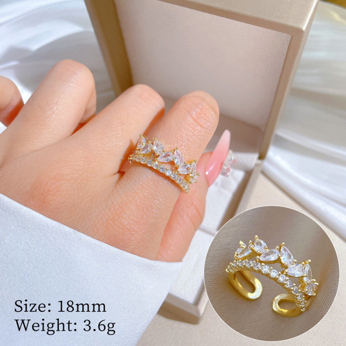 【Real Gold】Water Drop Full Zircon Wedding Ring Adjustable Open Ring Simple Hand Jewelry Japanese Style Couple Rings