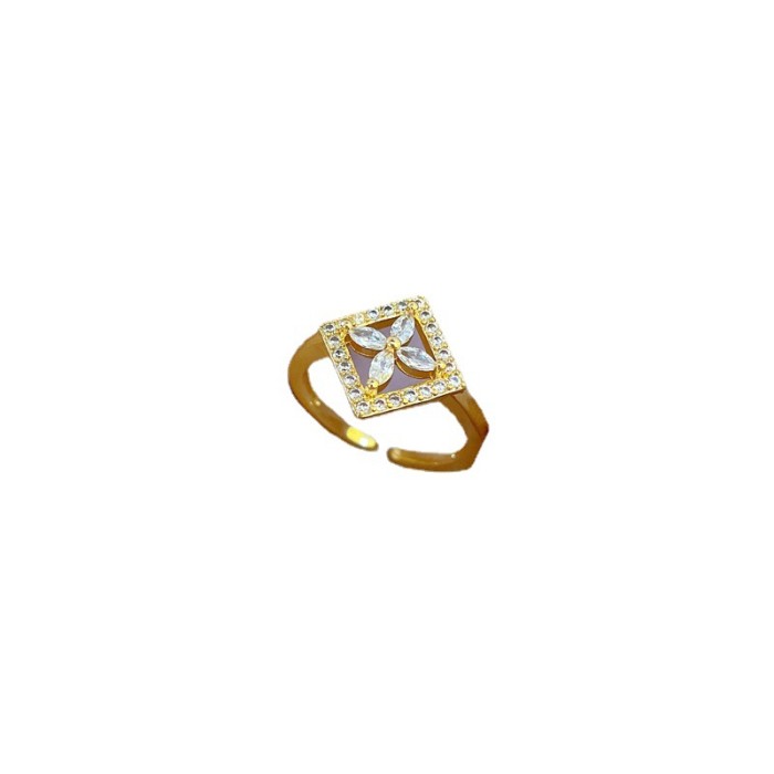 【Real Gold】Light Luxury Square Flower Ring Adjustable Open Simple Hand Jewelry Japanese Style Couple Rings