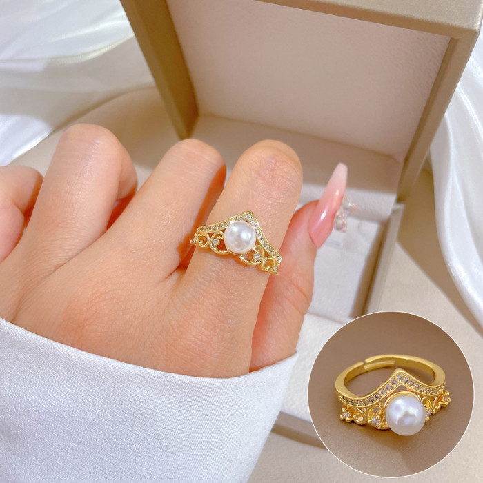 [Real Gold Plating] European and American Design Ins Style Geometric Diamond-Embedded Ball Ring Women's Cold Style Open Ring