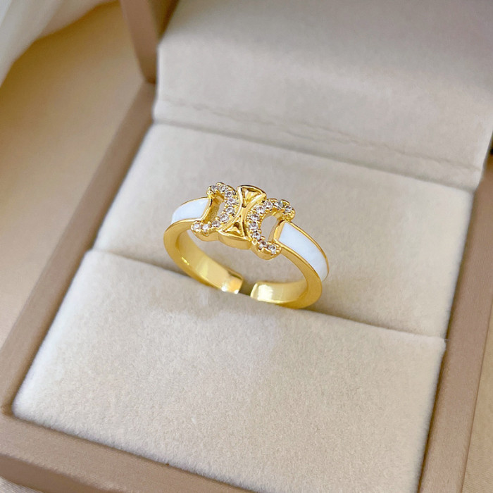 [Real Gold] Oil Drop Double C Full Diamond Ring Adjustable Open Simple Hand Jewelry Japanese Style Couple Rings