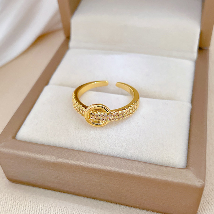 [Real Gold] Round Ring Light Luxury Full Diamond Ring Adjustable Open Simple Hand Jewelry Japanese Style Couple Rings