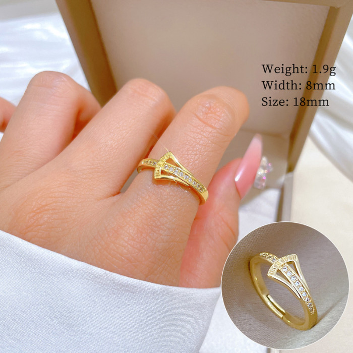 [Real Gold Plating] European and American Design Ins Style Geometric Diamond-Embedded Ball Ring Women's Cold Style Open Ring