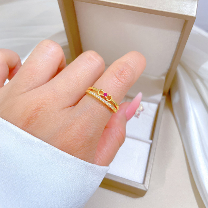 【Real Gold Plating】Open Bowknot Women's Fashion Micro Inlay Light Luxury Ring Index Finger Ring Internet Celebrity Sa...
