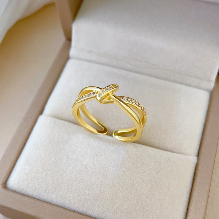 【Real Gold】Cross Knot Full Diamond Ring Adjustable Open Simple Hand Jewelry Japanese Style Couple Rings