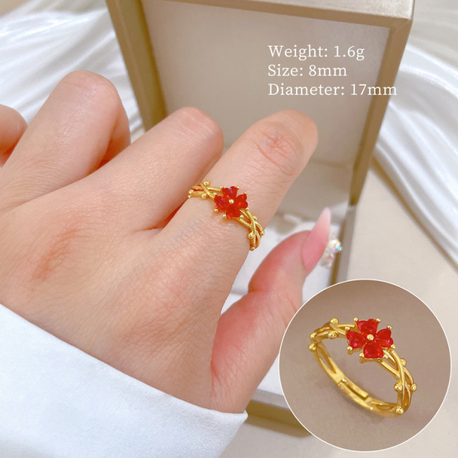 【Real Gold】Light Luxury Lucky Clover Ring Adjustable Open Style Simple Hand Jewelry Japanese Style Couple Rings