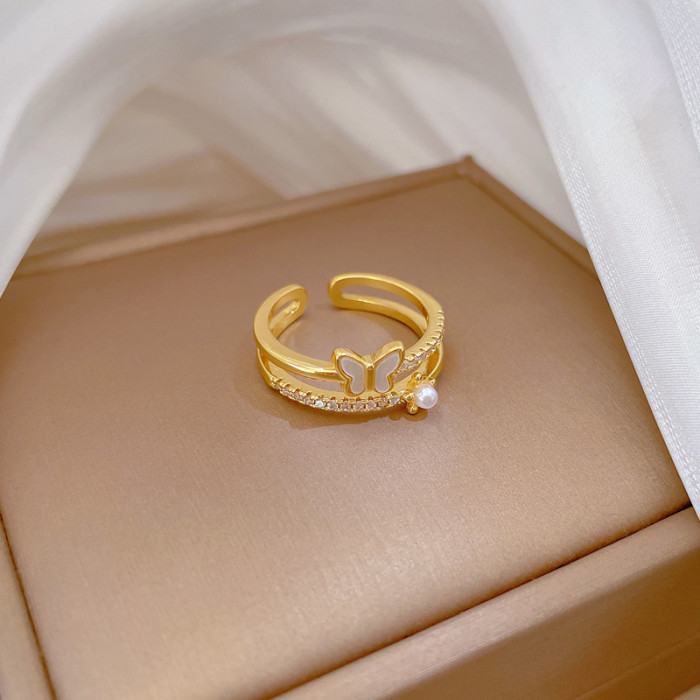 【Real Gold】Shell Butterfly Full Diamond Ring Adjustable Open Simple Hand Jewelry Japanese Style Couple Rings