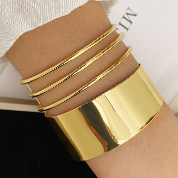 Punk Exaggeration Bangle Trendy Boho Gold Plated Geometry Feather Big Circle Open Cuff Bangles Bracelet Set for Women Jewelry