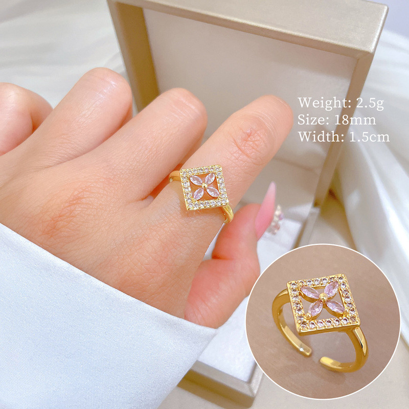 【Real Gold】Light Luxury Square Flower Ring Adjustable Open Simple Hand Jewelry Japanese Style Couple Rings